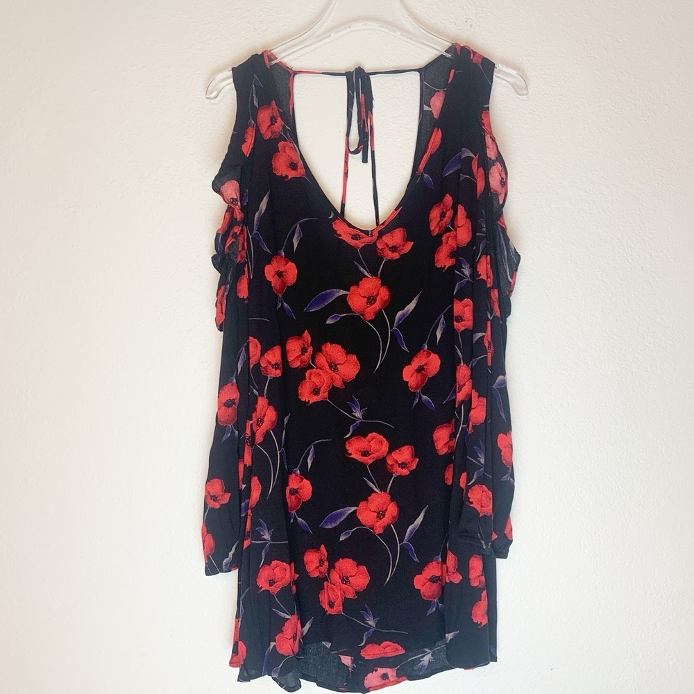 Rue 21 Dress Women Small Mini Dark Fairy Floral Whimisgoth Cold Shoulder Ruffle